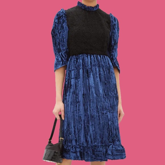 Batsheva Blue Velvet Shirred Dress - Picture 1 of 11